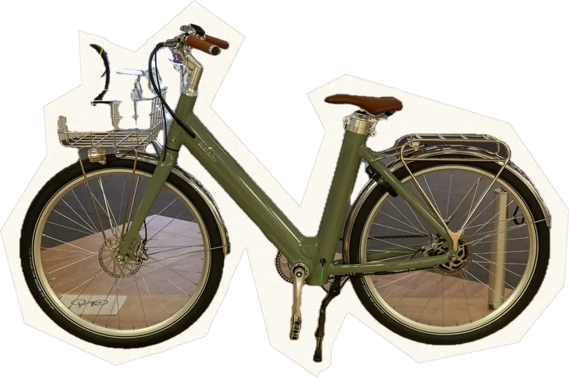 Step-through city bike with basket and rack